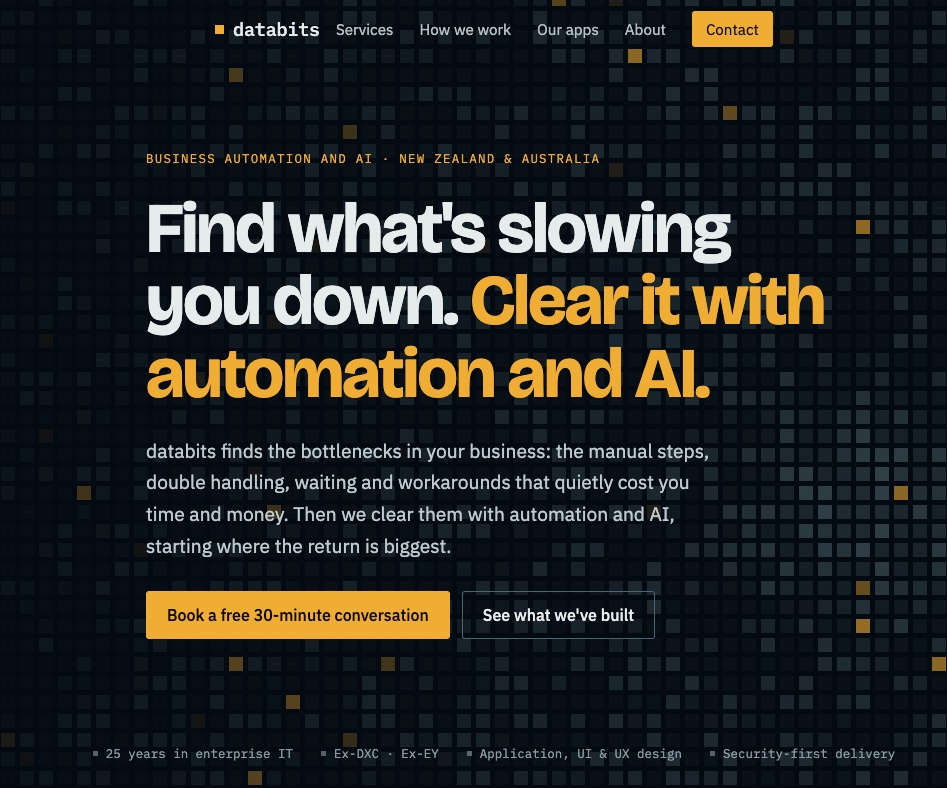 The databits.site home page: Find what's slowing you down. Clear it with automation and AI.