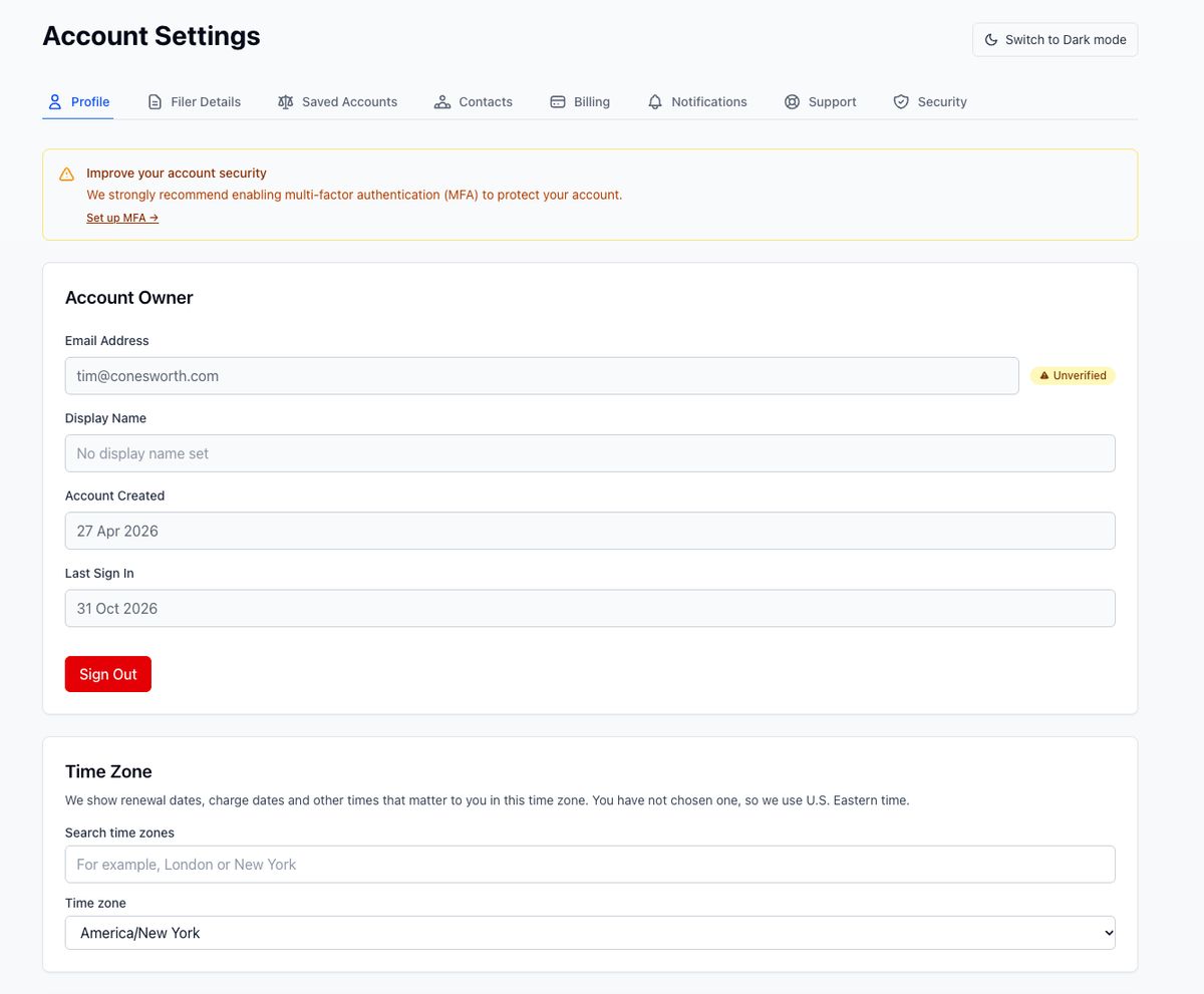 ManageMyFBAR account settings: profile, filer details, saved accounts, contacts, billing, notifications, support and security, with a prompt to turn on multi-factor sign-in.