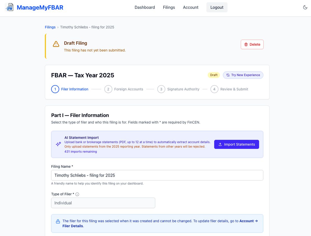 A ManageMyFBAR draft filing for tax year 2025: four steps from filer information to review and submit, with the AI statement import.