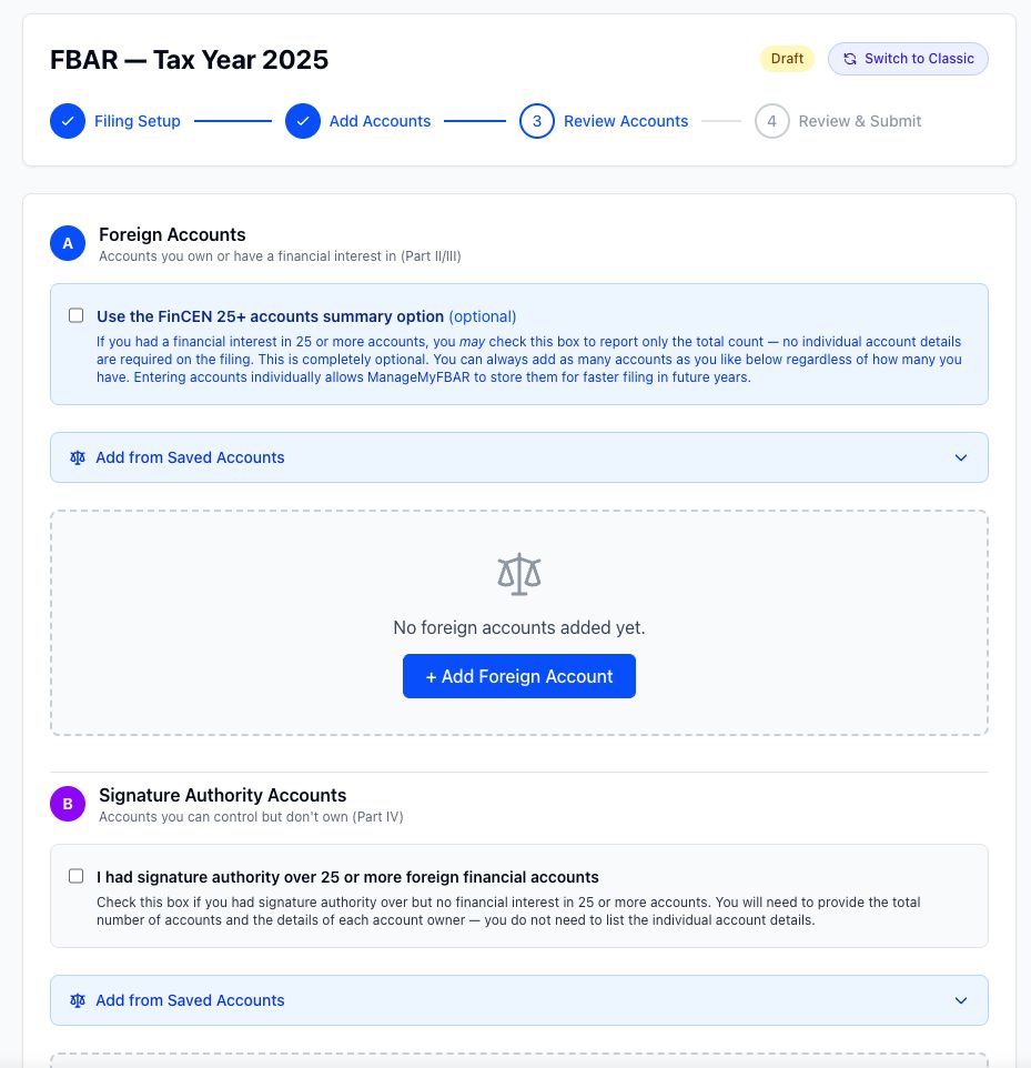 Reviewing accounts in a ManageMyFBAR filing: foreign accounts and signature authority accounts, with the optional FinCEN 25-or-more summaries.