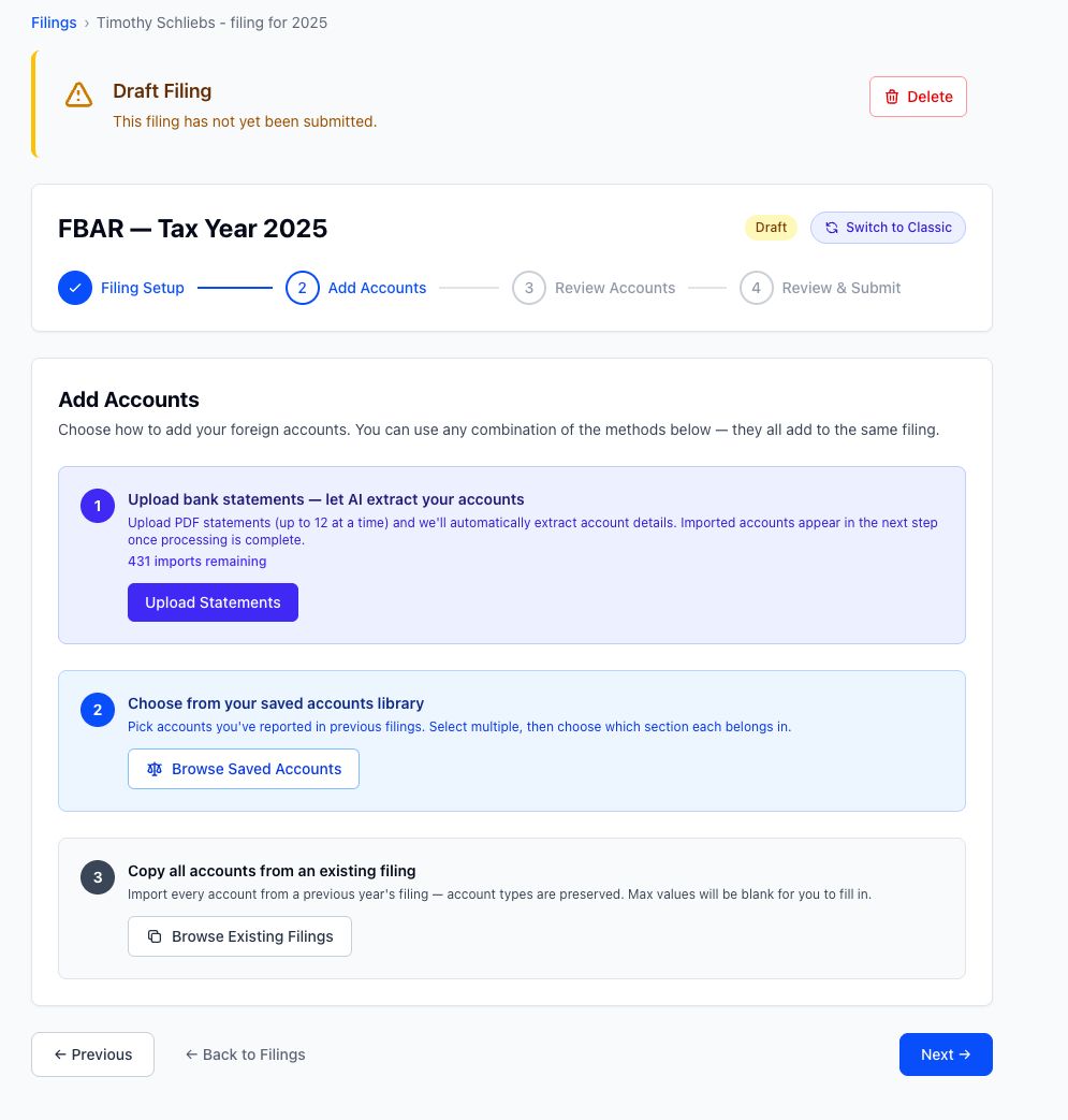 Adding foreign accounts to a ManageMyFBAR filing: upload bank statements for AI to read, choose from saved accounts, or copy them from an earlier filing.