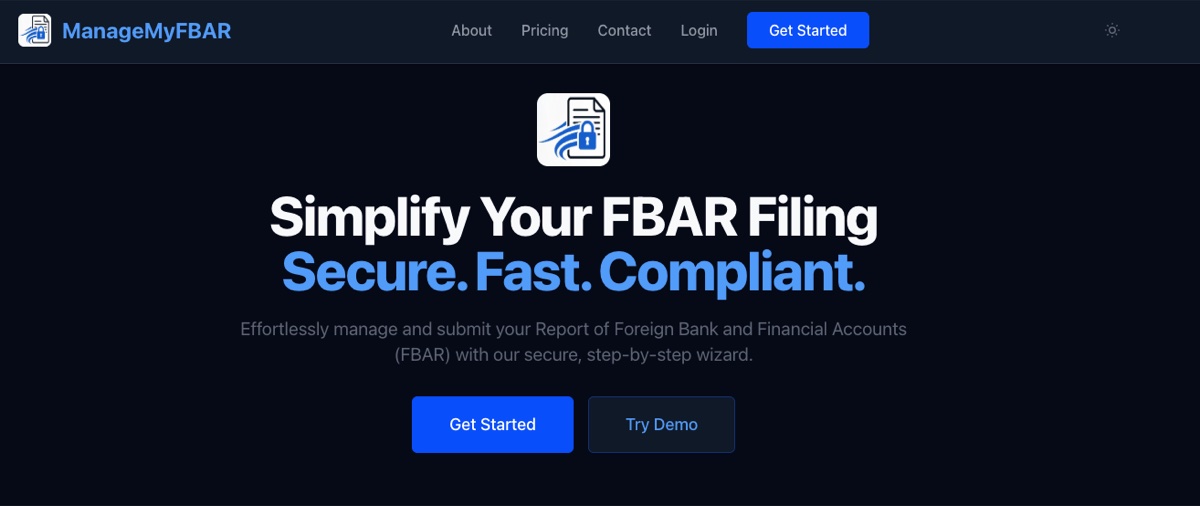 The ManageMyFBAR home page: Simplify Your FBAR Filing. Secure. Fast. Compliant., with Get Started and Try Demo buttons.