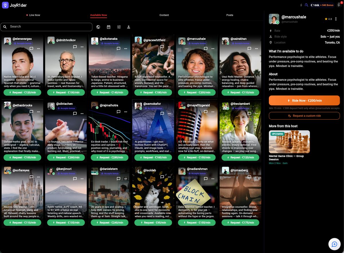 JoyR1der's Available Now screen: hosts ready for a one-to-one session, each with a short bio and a per-minute rate, beside one host's profile and Ride Now button.