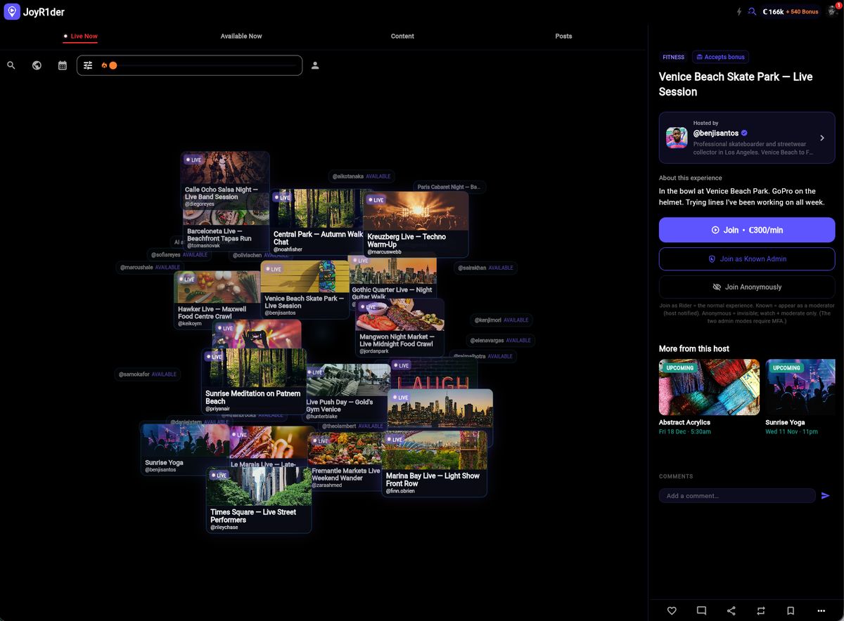 JoyR1der's live streams shown as a cluster of cards, with hosts available now around them.