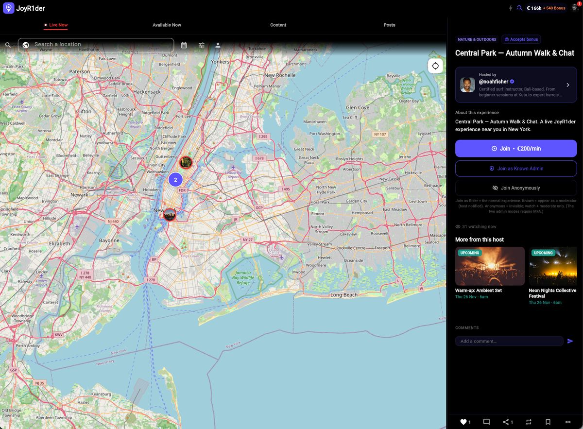 JoyR1der's map view: live streams pinned across New York, beside the chosen stream's host and Join button.