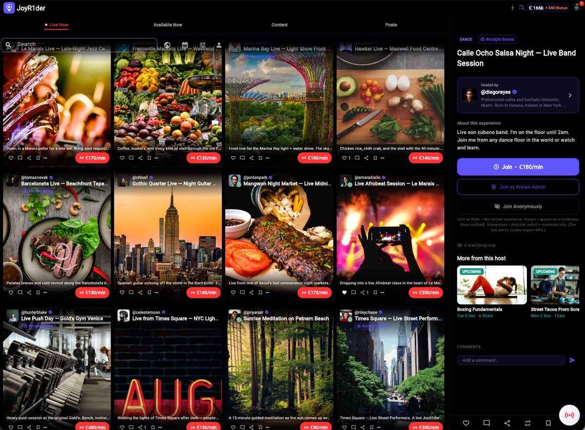 JoyR1der's Live Now screen: live streams from markets, music venues and city streets, each with its per-minute rate, beside the chosen stream's host and Join button.